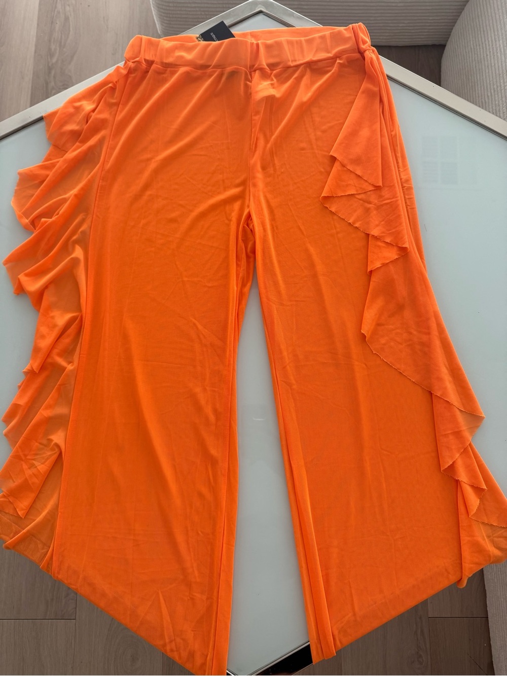 Orange Wide-Leg Pants with Side Ruffles